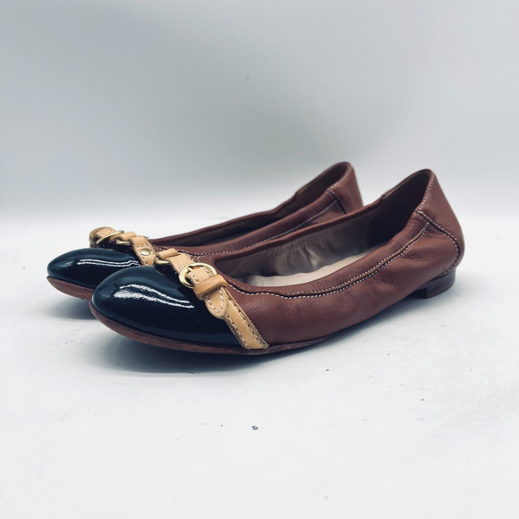AGL Shoes Womens 36.5 US 6.5 Brown Black Ballet Flats Cap Toe Buckle Monika - Picture 3 of 12